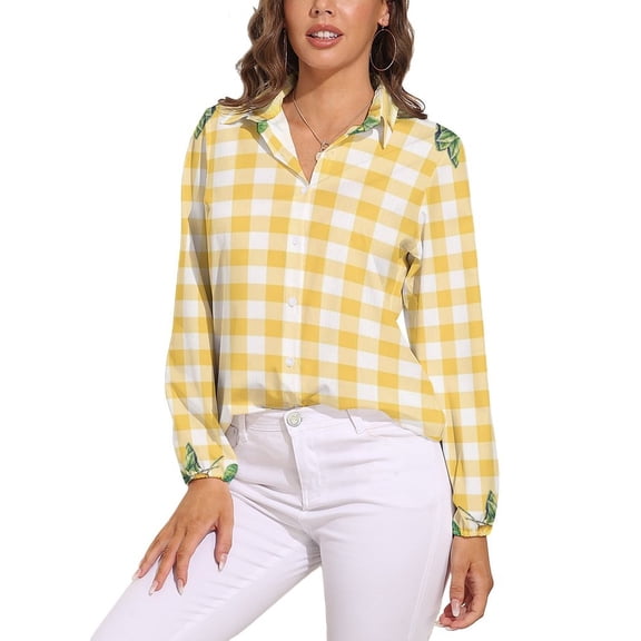 Lemons And Leaves on A Yellow And White Background Long Sleeve Blouse Woman Streetwear Casual Shirts Summer Oversize Woman Streetwear Clothing Birthday Present