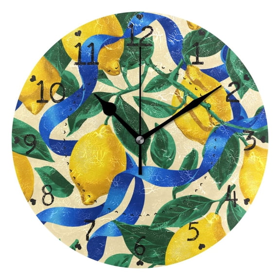 Lemons Leaves with Blue Ribbons Round Wall Clock Silent Analog Battery Operated Black Pointer Home Decor 9.84" Diameter