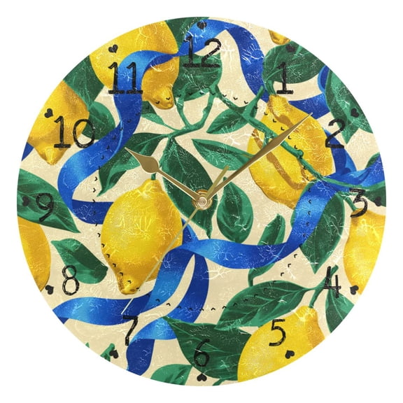 Lemons Leaves with Blue Ribbons Round Wall Clock Silent Analog Battery Operated Gold Pointer Home Decor 9.84" Diameter