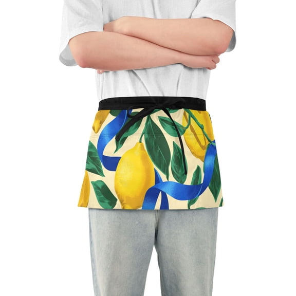 Lemons Leaves with Blue Ribbons Short Server Apron with 3 Pockets for Unisex Chef Gardening