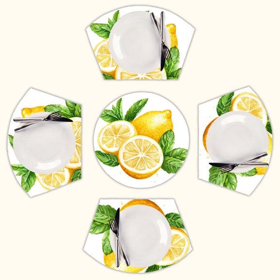 Lemons and Mint Leaves Round Table Placemats Set Of 5 Wedge Table Mats Washable Heat Resistant Place Mat For Dining Table Kitchen Farmhouse Restaurant