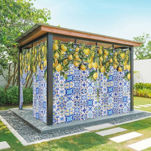 Lemons Outdoor Curtains for Patio, National Style Summer Lemon Blue Floral Texture Waterproof Weatherproof Outside Privacy Curtains Outdoor Drapes for Porch Pergola Gazebo 54x84 Inch, 1 Panel