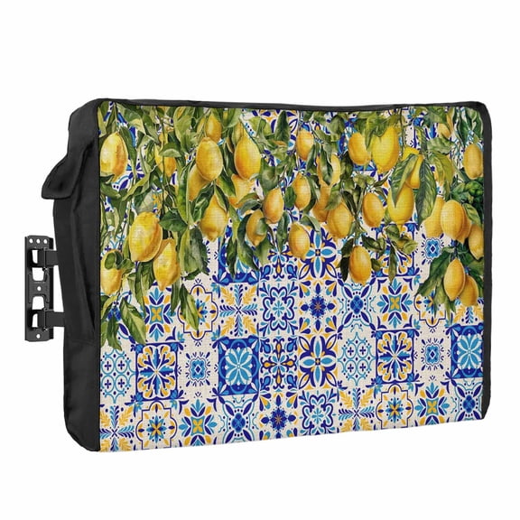 Lemons Outdoor TV Cover National Style Summer Lemon Blue Floral Texture Linen Waterproof Weatherproof TV Screen Protector with Remote Control Pocket for 80 to 85 Inch Television Outside