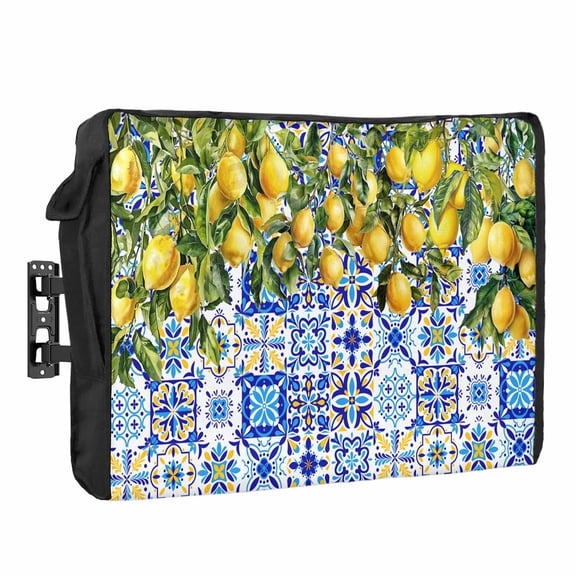 Lemons Outdoor TV Cover National Style Summer Lemon Blue Floral Texture Waterproof Weatherproof TV Screen Protector with Remote Control Pocket for 30 to 32 Inch Television Outside