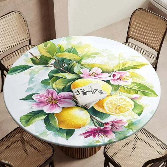 Lemons And Pink Flowers Watercolor Round Table Cover Kitchen Printed Waterproof Tablecloth Elastic Edged Tablecloth Fits Party Wedding Indoor Outdoor Tables