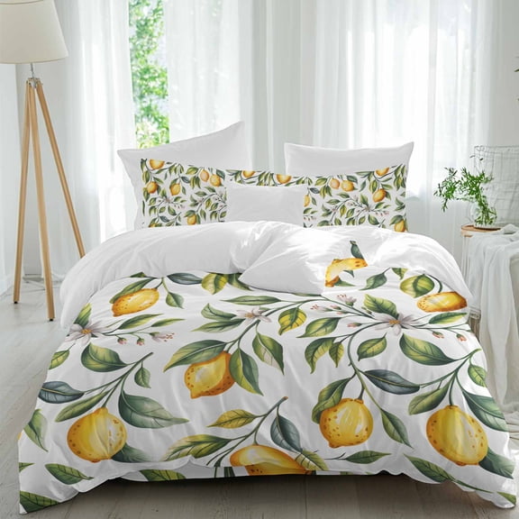 Lemons Queen Size Comforter Set, Watercolor Summer Country Lemon White Floral Green Leaf Plant Bedding for All Seasons, 4 Pcs Bed Set, 1Quiltcover (90"x92") ,1Sheet(94"x116"), 2Pillowcases (30"x20")