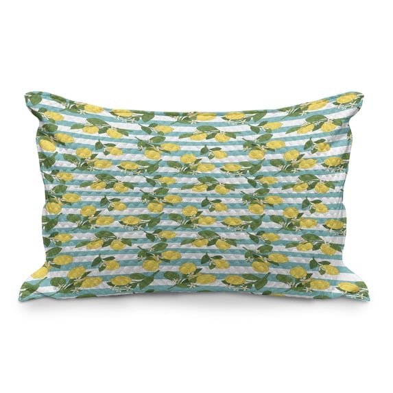 Lemons Quilted Pillowcover, Lemon Blossoms Leaves Citrus on Tree on Striped Background, Standard King Size Accent Pillow Cover for Bedroom, 36" x 20", Seafoam Mustard, by Ambesonne