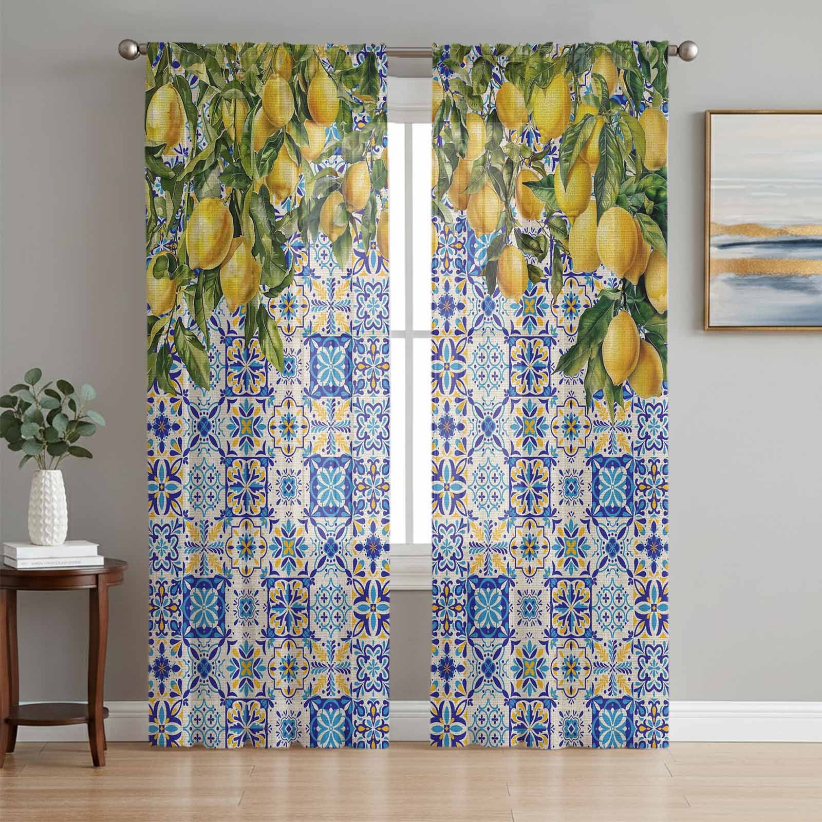 Lemons Sheer Curtains for Living Room Bedroom, National Style Summer Lemon Blue Floral Texture Linen Light Filtering Sheer Curtain Rod Pocket Voile Window Treaments Drapes, 52 x 63 Inches