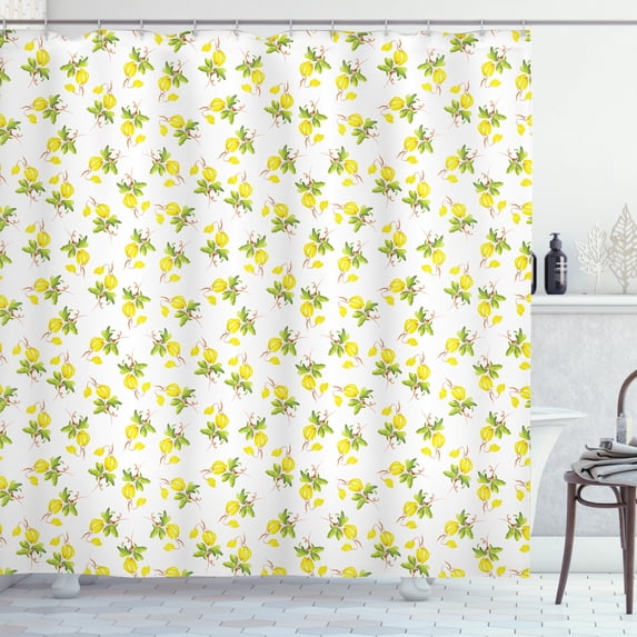 Lemons Shower Curtain, Abstract Design Watercolor Paint Romantic Style Tiny Lemons on Branch, Fabric Bathroom Set with Hooks, 69W X 70L Inches, Yellow Lime Green Brown, by Ambesonne