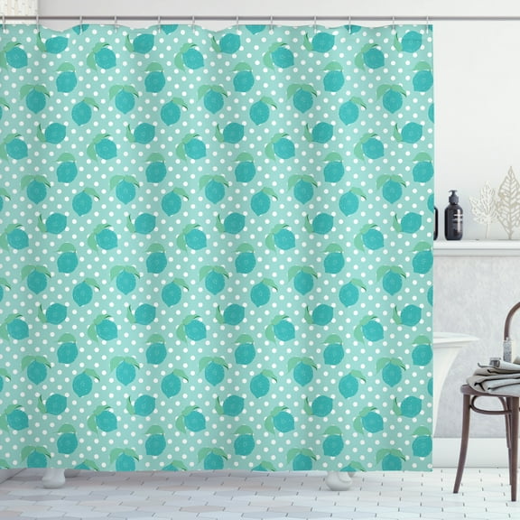 Lemons Shower Curtain, Grunge Spotty Blue Lime Figures on Retro Style Polka Dotted Pattern, Fabric Bathroom Set with Hooks, 69W X 70L Inches, Seafoam Teal and White, by Ambesonne