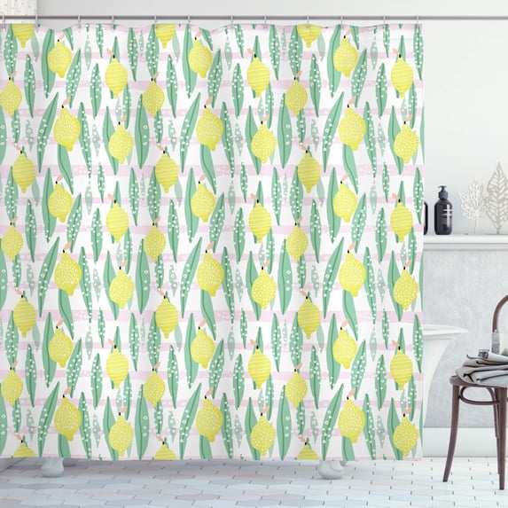 Lemons Shower Curtain, Vertically Aligned Lemon Leaves And Patterned Fruit on Pink Stripes, Fabric Bathroom Set with Hooks, 69W X 84L Inches Extra Long, Sea Green Pale Pink Yellow, by Ambesonne