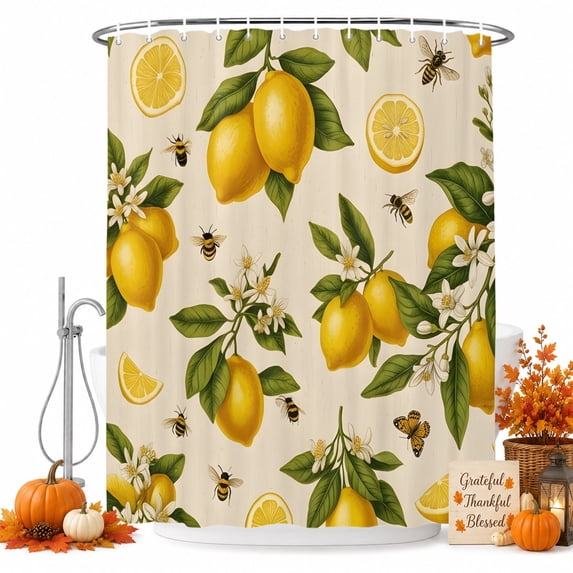 Lemons Shower Curtain, Waterproof Shower Curtains for Bathroom, Rustic Bee Fruits Natural Flowers Leaf Vintage Washable Fabric Bathtub Curtain Set Bath Decor with 12 Hooks Extra Long 72"x96"