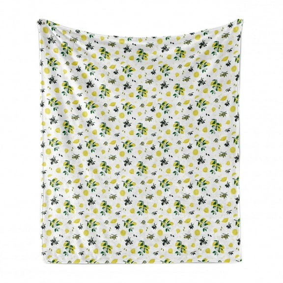 Lemons Soft Flannel Fleece Blanket, Summer Style Fresh Citrus Olives Leaves and Lemon Blossoms Arrangement, Cozy Plush for Indoor and Outdoor Use, 50" x 70", Green Mustard and Khaki, by Ambesonne