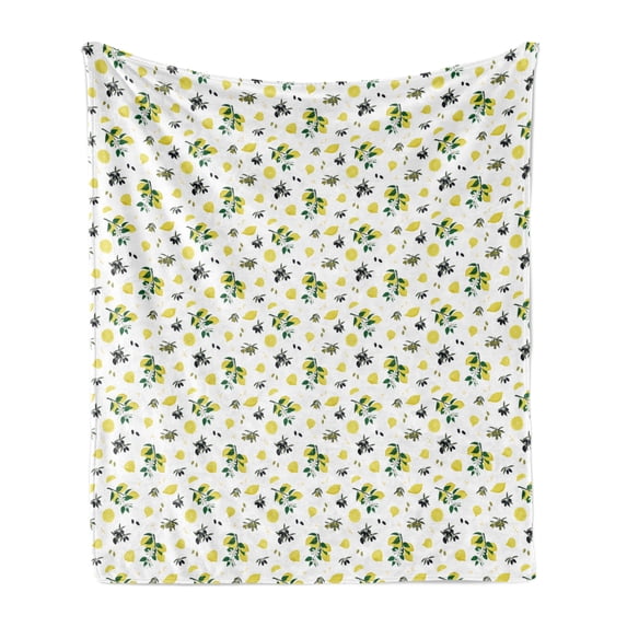 Lemons Soft Flannel Fleece Blanket, Summer Style Fresh Citrus Olives Leaves and Lemon Blossoms Arrangement, Cozy Plush for Indoor and Outdoor Use, 70" x 90", Green Mustard and Khaki, by Ambesonne