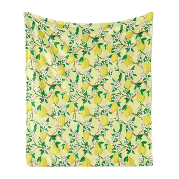 Lemons Soft Flannel Fleece Throw Blanket, Blooming Lemon Flowers on Tree Branches with Buds and Ripe Fruits, Cozy Plush for Indoor and Outdoor Use, 50" x 60", Pale Yellow Fern Green, by Ambesonne
