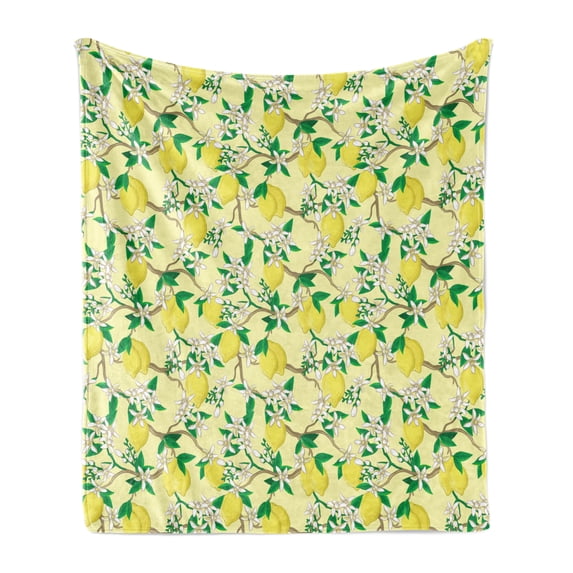 Lemons Soft Flannel Fleece Throw Blanket, Blooming Lemon Flowers on Tree Branches with Buds and Ripe Fruits, Cozy Plush for Indoor and Outdoor Use, 70" x 90", Pale Yellow Fern Green, by Ambesonne