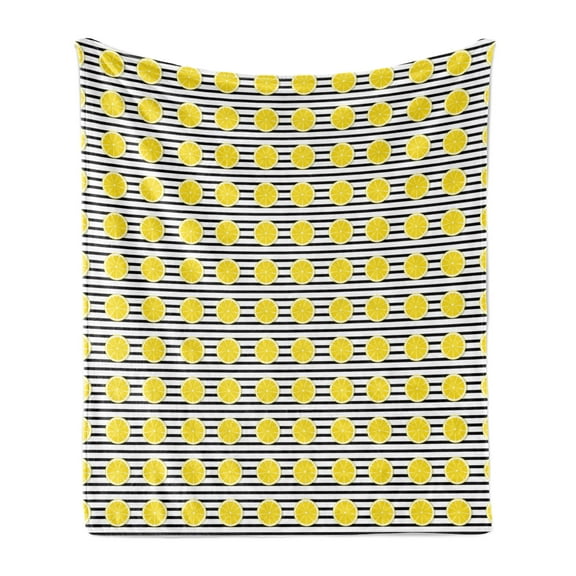 Lemons Soft Flannel Fleece Throw Blanket, Citrus Fruits in Slices Pattern on Symmetrical Striped Background, Cozy Plush for Indoor and Outdoor Use, 50" x 70", Yellow Charcoal Grey, by Ambesonne