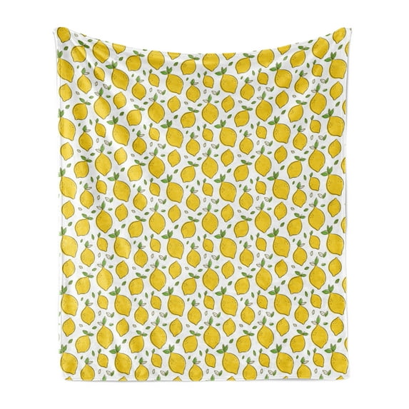 Lemons Soft Flannel Fleece Throw Blanket, Continuous Citrus Fruits Leaves Refreshing Cartoon Pattern, Cozy Plush for Indoor and Outdoor Use, 50" x 60", Lime Green Earth Yellow, by Ambesonne