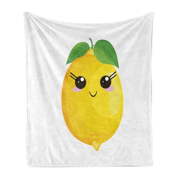 Lemons Soft Flannel Fleece Throw Blanket, Looking Simplistic Citrus Kawaii on Plain Background, Cozy Plush for Indoor and Outdoor Use, 50" x 60", Lime Green Earth Yellow, by Ambesonne
