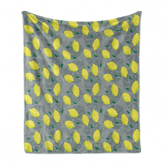 Lemons Soft Flannel Fleece Throw Blanket, Monstera Deliciosa Leaves with Shaded Color Spread Lemons Pattern, Cozy Plush for Indoor and Outdoor Use, 60" x 80", Grey Yellow Green, by Ambesonne