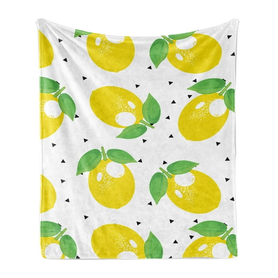 Lemons Soft Flannel Fleece Throw Blanket, Repeating Citrus Leaves Energetic Illustration, Cozy Plush for Indoor and Outdoor Use, 50" x 60", Lime Green Mustard, by Ambesonne