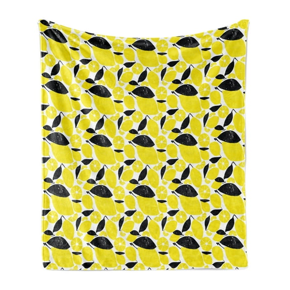 Lemons Soft Flannel Fleece Throw Blanket, Summer Breeze Sketched Yellow Lemon and Skinless Half Slices, Cozy Plush for Indoor and Outdoor Use, 70" x 90", Black White and Yellow, by Ambesonne