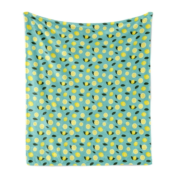Lemons Soft Flannel Fleece Throw Blanket, Tropical Citrus Slices Rhythmic Summer Tasty Continuous Pattern, Cozy Plush for Indoor and Outdoor Use, 70" x 90", Emerald Pastel Yellow, by Ambesonne