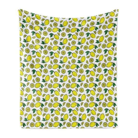 Lemons Soft Flannel Fleece Throw Blanket, Vibrant Summer Colors Tropical Tasty Citrus Fruit Blossoms Hand Drawn Print, Cozy Plush for Indoor and Outdoor Use, 50" x 70", Yellow and Green, by Ambesonne