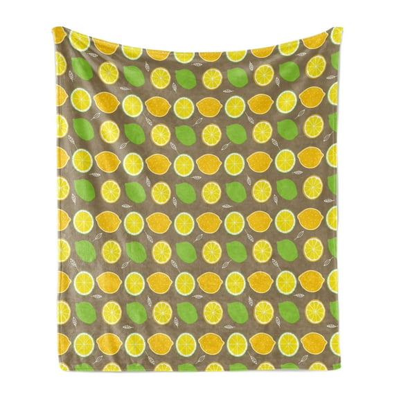 Lemons Soft Flannel Fleece Throw Blanket, Vividly Colored of Limes and Lemons on Taupe Background, Cozy Plush for Indoor and Outdoor Use, 50" x 60", Apple Green Yellow, by Ambesonne