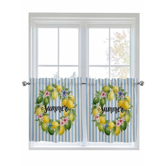Lemons Striped Kitchen Curtains Tier 24 Inch Length, Summer Botanical Stripes Farmhouse Rustic Rod Pocket Light Filtering Window Curtains Living Room Bedroom Curtain Drapes Cafe Curtain 27.5''x24''x2