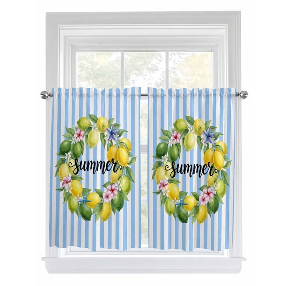 Lemons Striped Kitchen Curtains Tier 45 Inch Length, Summer Botanical Stripes Farmhouse Watercolor Rod Pocket Light Filter Window Curtains Living Room Bedroom Curtain Drapes Cafe Curtain 27.5x45x2