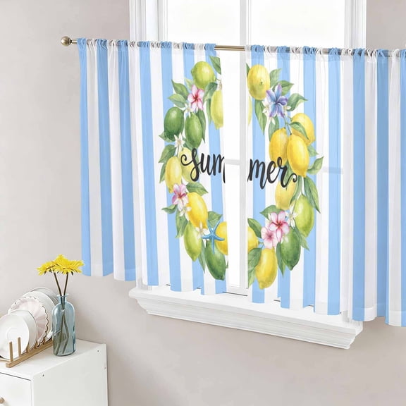 Lemons Striped Sheer Curtains 45 Inch Length 2 Panels Set, Summer Botanical Stripes Farmhouse Watercolor Voile Window Treatment Rod Pocket Small Kitchen Curtains Drapes for Bedroom 52"x45"x2