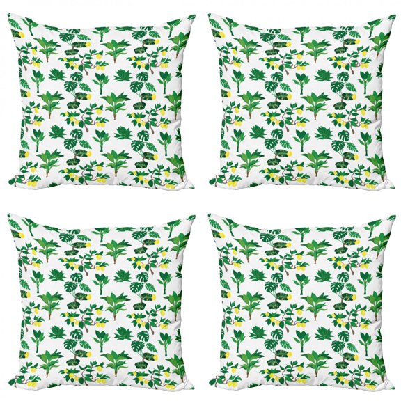 Lemons Throw Pillow Cushion Case Pack of 4, Digitally Generated Monstera Tropical Leaves and Citrus Blossoms, Modern Accent Double-Sided Print, 4 Sizes, Pastel Yellow Fern Green, by Ambesonne