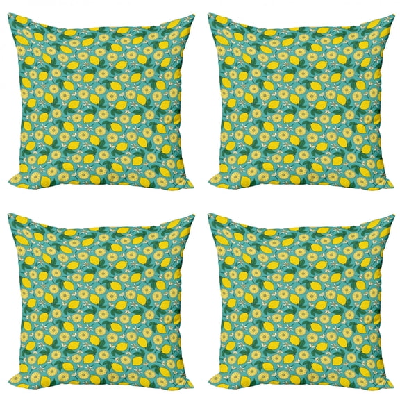 Lemons Throw Pillow Cushion Case Pack of 4, Rhythmic Citrus Blossoms and Floral Ornaments Print, Modern Accent Double-Sided Print, 4 Sizes, Yellow Jade Green, by Ambesonne