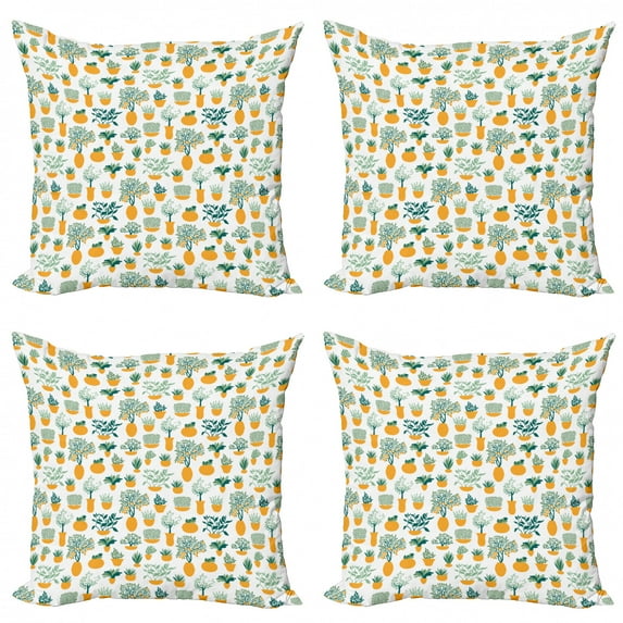 Lemons Throw Pillow Cushion Case Pack of 4, Tropical Citrus Blossoms in Pots Print on Plain Background, Modern Accent Double-Sided Print, 4 Sizes, Marigold Almond Green, by Ambesonne