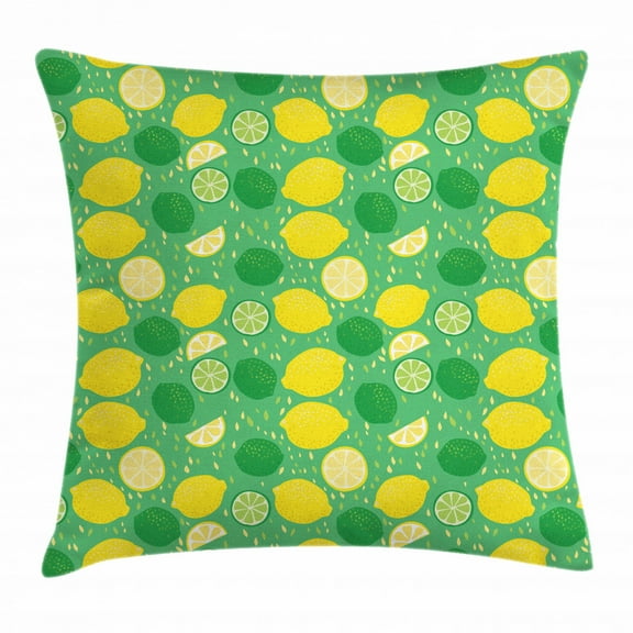 Lemons Throw Pillow Cushion Cover, Messy Spotted Lime Drawings and Slices on Leaves Background, Decorative Square Accent Pillow Case, 16 X 16 Inches, Sea Green Fern Green and Yellow, by Ambesonne