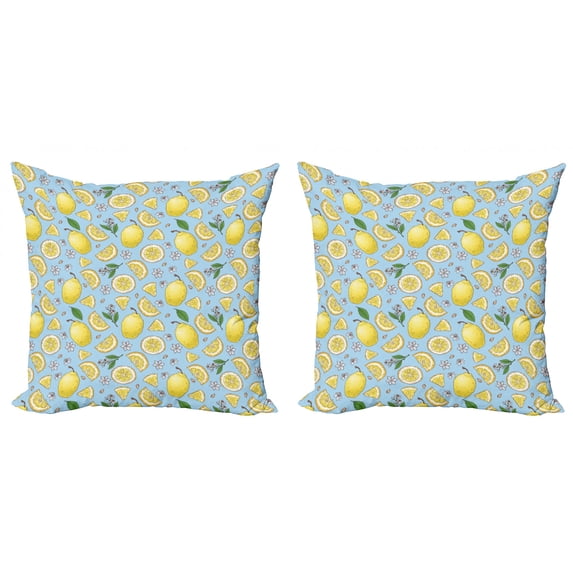 Lemons Throw Pillow Cushion Cover Pack of 2, Colorful Citrus Floral Leaves Blossoms Pattern, Zippered Double-Side Digital Print, 4 Sizes, Pale Blue Pale Yellow, by Ambesonne