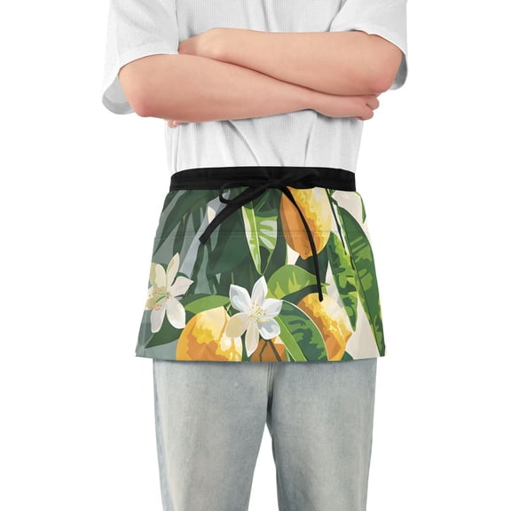 Lemons White Flower Waist Apron Adjustable Server Half Apron Kitchen Cooking with 3 Pockets for Men Women