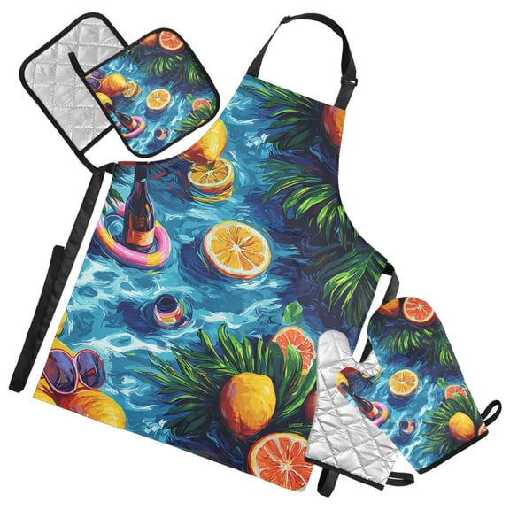 Lemons Wine Leaves on Water 5 Pcs Kitchen Set Heat Resistant Oven Mitts and Non-Slip Pot Holders with Adjustable Cooking Apron