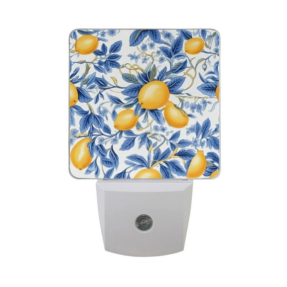 Lemons and Blue Leaves Night Light LED Dusk to Dawn Auto Sensor Night Lamp Plug-in Nightlight for Bedroom Hallway Kitchen 2 PCs