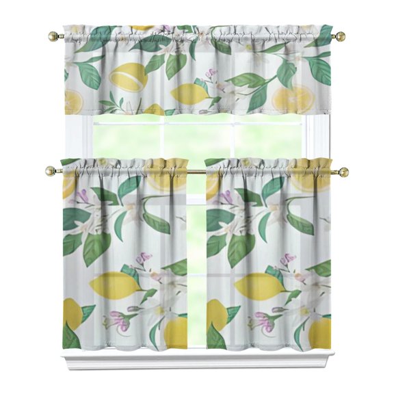 Lemons and Flowers Tier Curtains - 3 PC Kitchen Set with Valance, Bright Yellow Retro Print for Small Windows