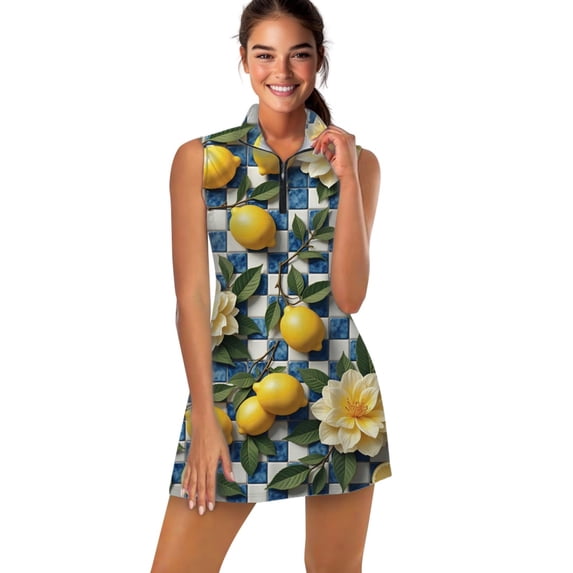 Lemons and Flowers on Checkered Background Sports Dresses Women Tennis Dress Outdoor Badminton Golf Quick-Drying And Breathable Sports Dress