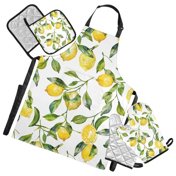Lemons and Leaves 5 Pcs Kitchen Set Heat Resistant Oven Mitts and Non-Slip Pot Holders with Adjustable Cooking Apron