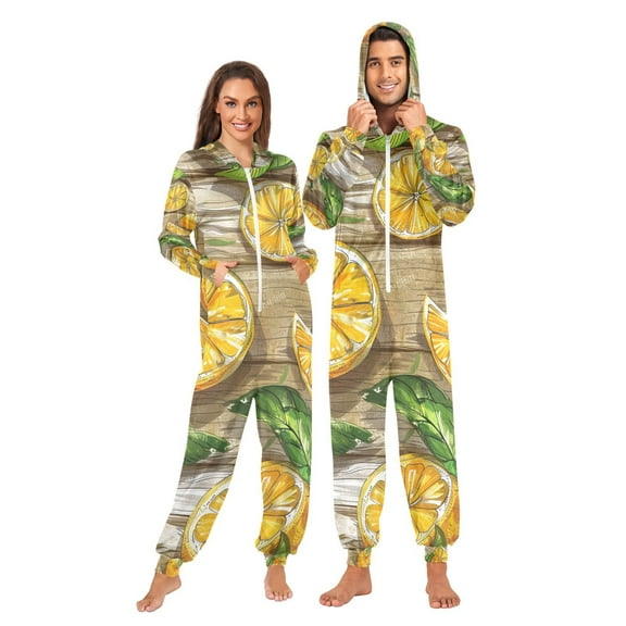 Lemons and Leaves Adult Onesie Pajamas Slim Fit Christmas One Piece Suit Pjs for Women and Men Hooded Zipper
