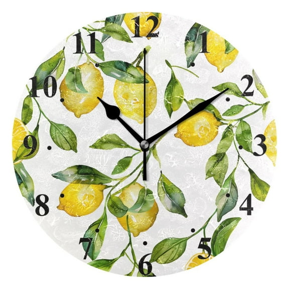 Lemons and Leaves Black 10 inch Wall Clocks Non Ticking Easy to Read Battery Decorative for Home Bathroom Kitchen Bedroom Living Room