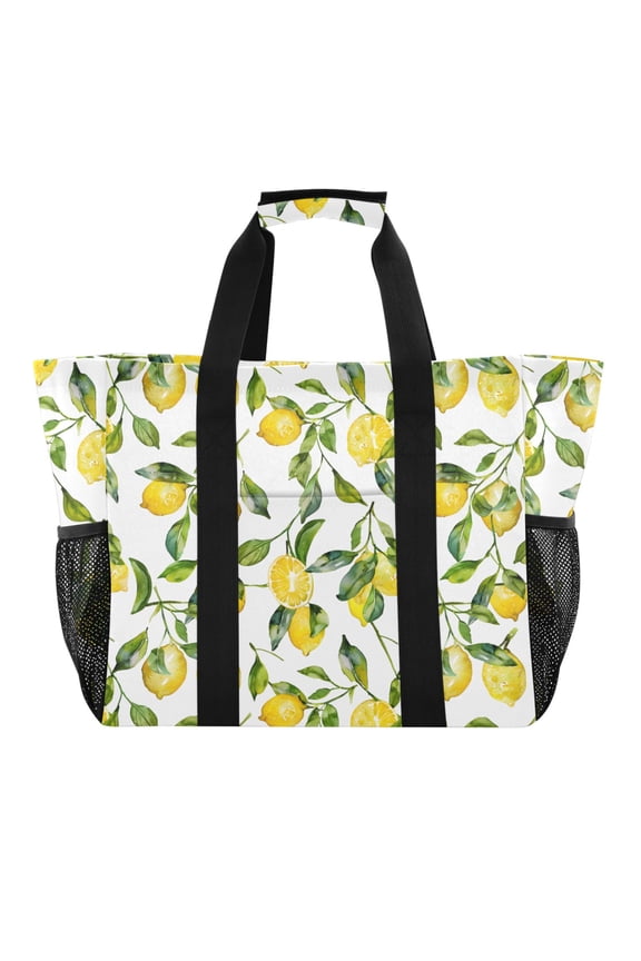 Lemons and Leaves Reusable Grocery Bags with Handle Side Pocket Waterproof Shopping Portable Tote