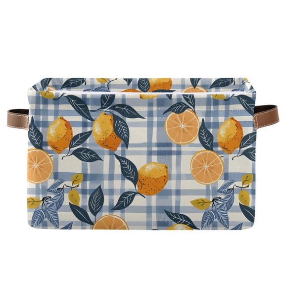 Lemons and Orange on Gingham Check Storage Bins with Handle Fabric Organizer Basket Foldable Box 1 Pack 14.2x10.2x8.3