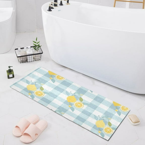Lemons on Plaid Bath Mat 39x20 Non-Slip Bathroom Rugs Absorbent Soft Plush Quick Dry for Tub Shower Kitchen Home Decor