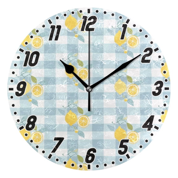 Lemons on Plaid Round Wall Clock Battery Operated Silent Non-Ticking Bedroom Office Kitchen Home School Decor 10"(Black)