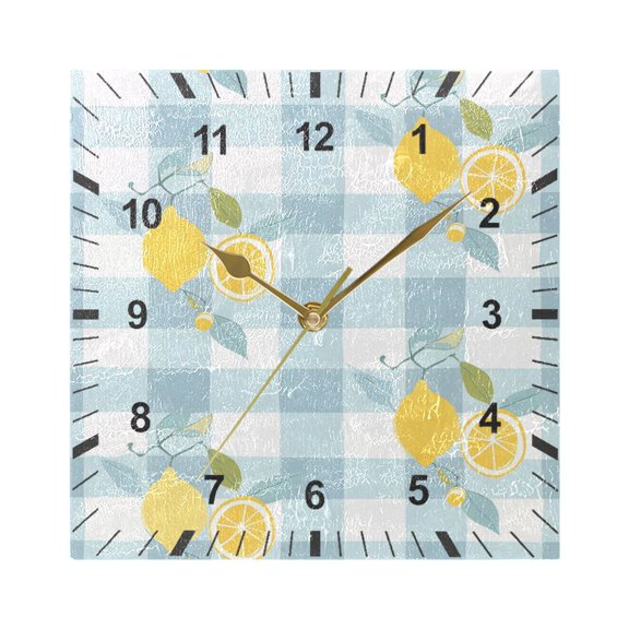 Lemons on Plaid Wall Clock Battery Operated Silent Non-Ticking Bedroom Office Kitchen Home School Decor 7.8"(Gold)
